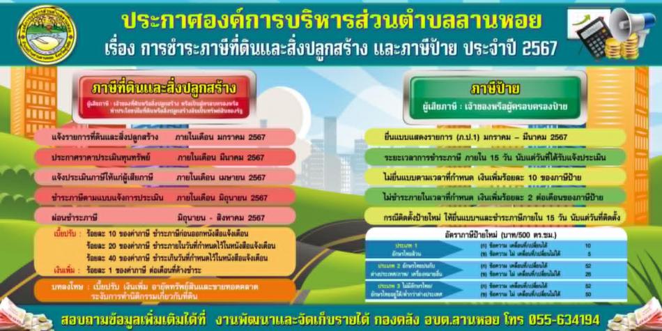 ประชาสัมพันธ์การรับชำระภาษีที่ดินและสิ่งปลูกสร้าง และภาษีป้าย   ประจำปีพ.ศ.2567